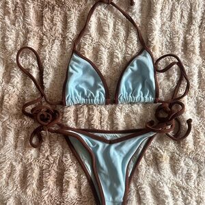 Frankie's Bikinis Light Blue and Brown Triangle String Bikini